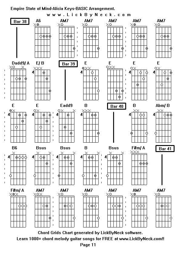 Chord Grids Chart of chord melody fingerstyle guitar song-Empire State of Mind-Alicia Keys-BASIC Arrangement,generated by LickByNeck software.